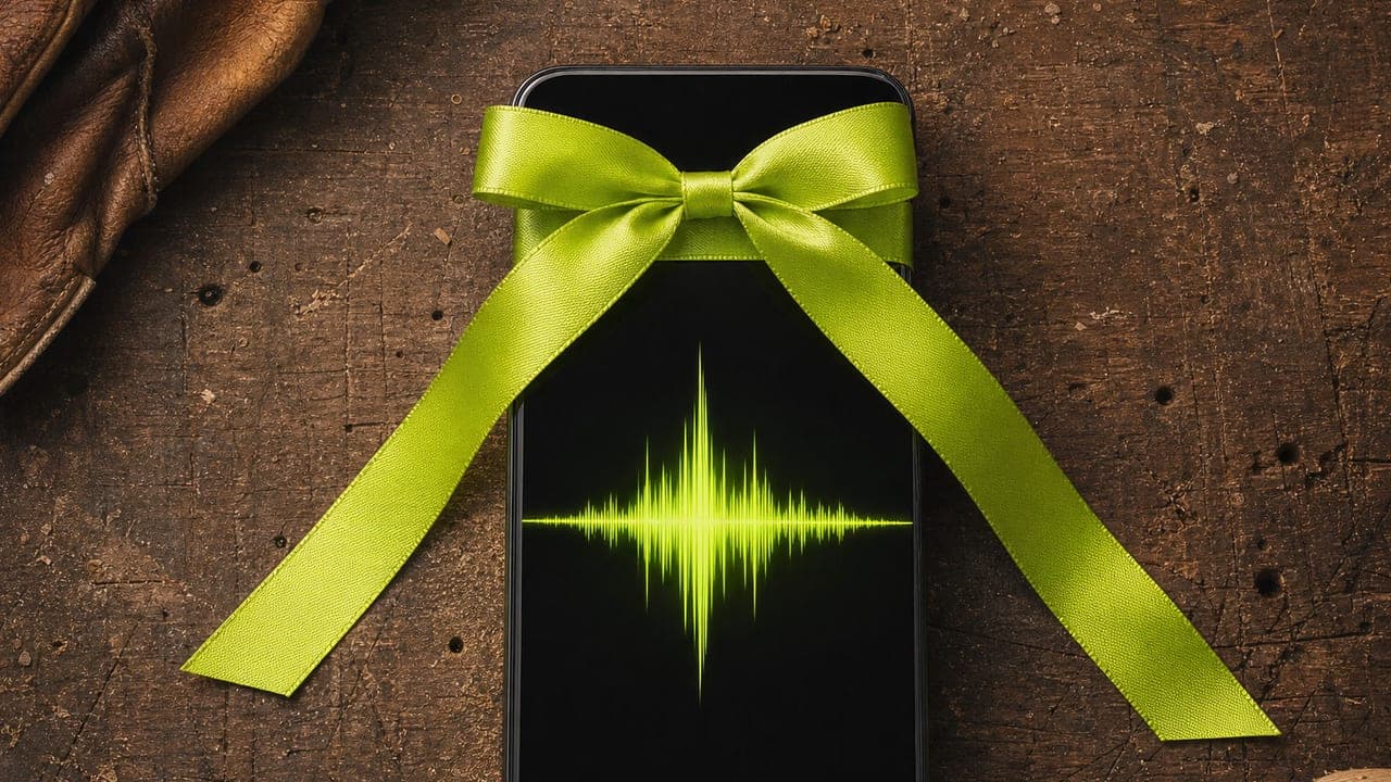 Telefon s limetkovou mašlí na dílenském stole, na displeji zvuková vlna hovoru